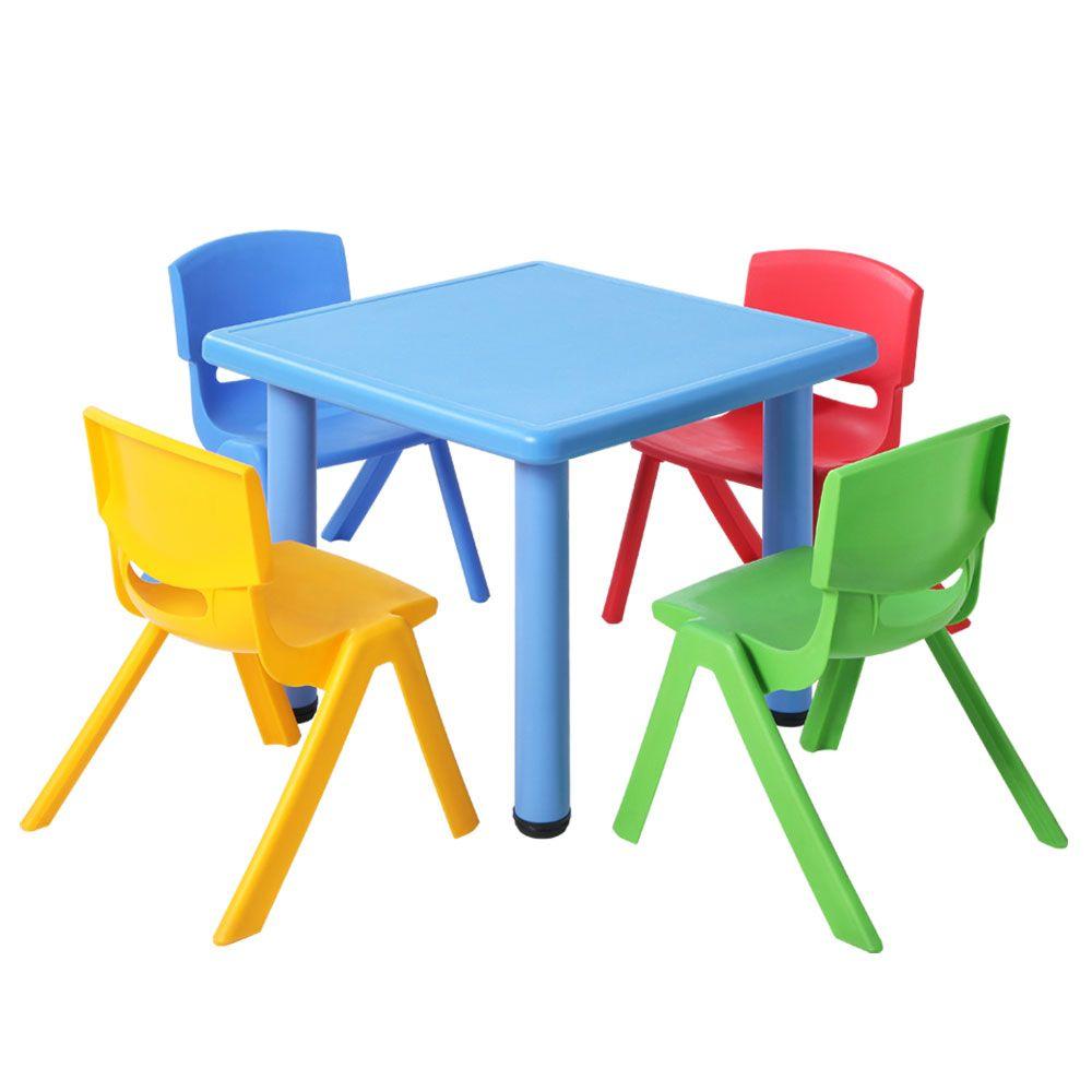 Keezi 5 Piece Kids Table and Chair Set in Blue with colorful chairs, designed for durability and safety for children.